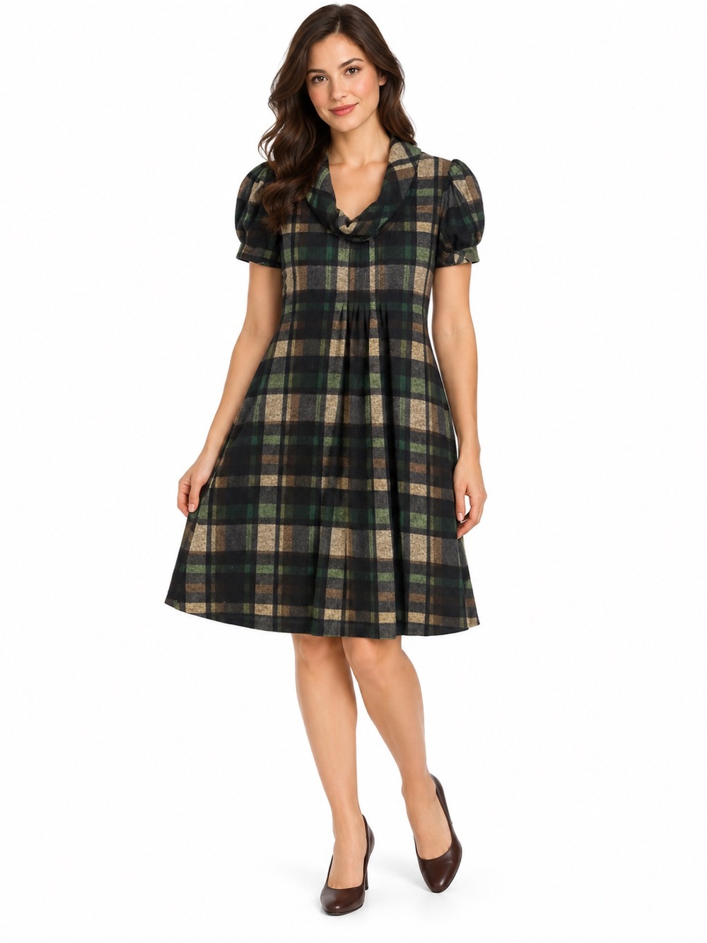 Jessica Howard Black and Green Plaid A-Line Dress with Puff Sleeves - 1094